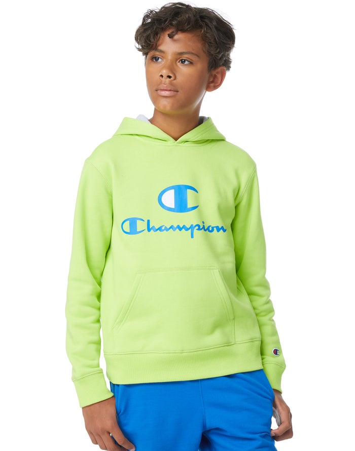 Champion Drenge Hættetrøje Grøn - Fleece C + Script Logos - Danmark BIK-412705